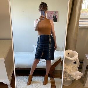 DARK BLUE DENIM SKIRT ADJUSTABLE SIDE LACES FRONT SLIT STRETCH VINTAGE